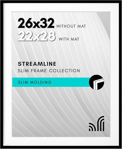 Americanflat 26x32 Picture Frame with Polished Plexiglass - Use as 22x28 Frame with Mat or Display 26x32 Photo Without Mat - Streamline Collection - Thin Border Picture Frames for Wall - Black