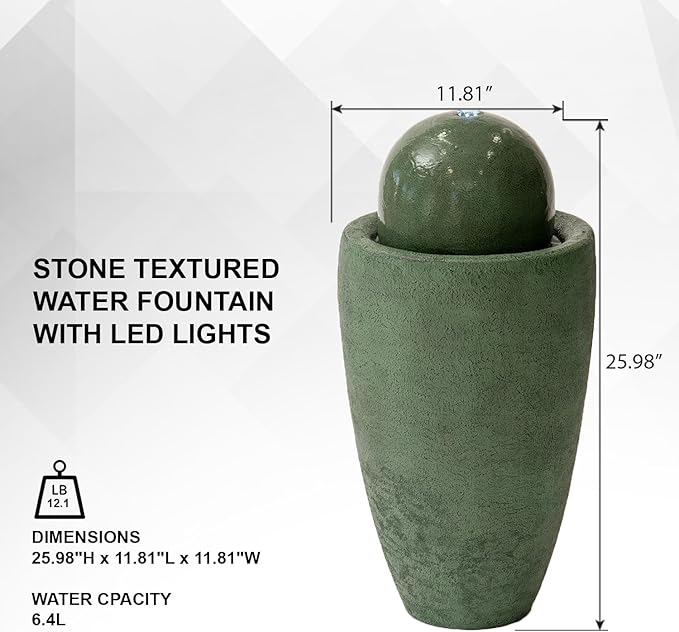 XBrand 26" Modern Sphere Water Fountain with LED Light – Indoor Outdoor Stone Texture Floor Fountain, Zen Bubbling Ball Water Feature for Garden Patio Porch - Green
