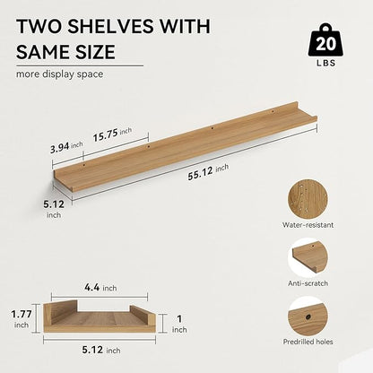Boswillon 55.1 Inches Long Floating Shelves, 2 Set Rustic Wall Shelf for Bedroom, Nursery Book Shelf with Lip, Picture Ledge Shelf for Living Room, Bathroom, Kitchen - Oak