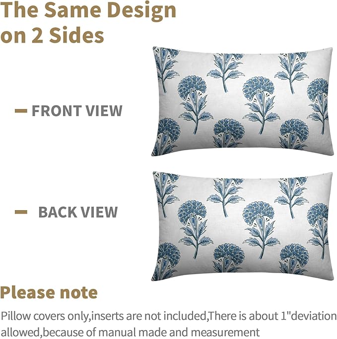 Blue Floral Lumbar Pillow Covers 12x20 Set of 2 Blue and White Block Print Pattern Rustic Spring Flower Decorative Outdoor Farmhouse Pillowcases Decorations Throw Cushion Cover Decor Couch Sofa Bed