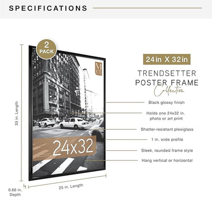 MCS Trendsetter 24x32 Poster Frame Black High-Gloss, Vertical & Horizontal Wall Hanging Large Picture Frame for Photos, Posters & Art Prints (2-Pack)