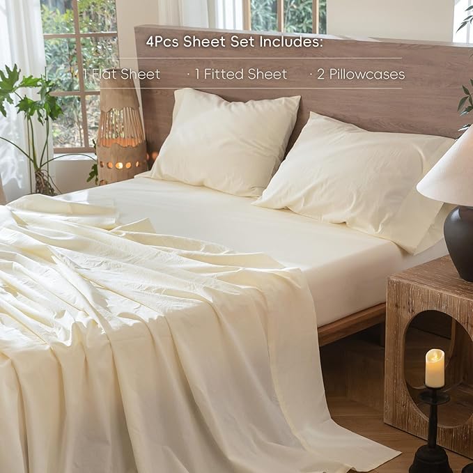 MooMee Bedding Sheet Set 100% Washed Cotton Linen Like Textured Breathable Durable Soft Comfy (Solid Cream White, Full)