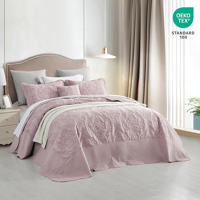 CHIXIN Bedspread Coverlet Quilt Set Full Size - Lightweight Bedding Cover - Beautiful Stitching - 5 Piece Reversible Bedspread - Gorgeous Damask Paisley Pattern (Full, Pale Rose)