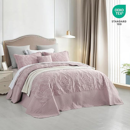 CHIXIN Bedspread Coverlet Quilt Set Full Size - Lightweight Bedding Cover - Beautiful Stitching - 5 Piece Reversible Bedspread - Gorgeous Damask Paisley Pattern (Full, Pale Rose)