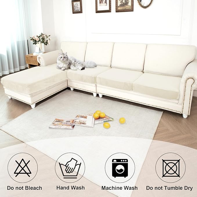 NAISI Waterproof Couch Cushion Covers Thick Velvet Fabric Washable Sofa Slipcovers Sectional Couch Covers for 4 Pieces Separate L Shape Couch Cover with Elastic Bottom(3 Seater + 1 Chaise,Ivory)