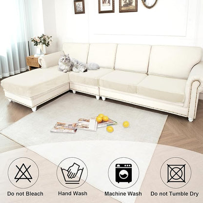 NAISI Waterproof Couch Cushion Covers Thick Velvet Fabric Washable Sofa Slipcovers Sectional Couch Covers for 4 Pieces Separate L Shape Couch Cover with Elastic Bottom(3 Seater + 1 Chaise,Ivory)