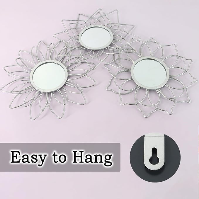Silver Mirrors for Wall, 9 inch Metal Flower Mirrors Home Christmas Decoration, Christmas Wall Art Decorative Mirror Small Mirror for Living Room Bedroom, Entrance Set of 3