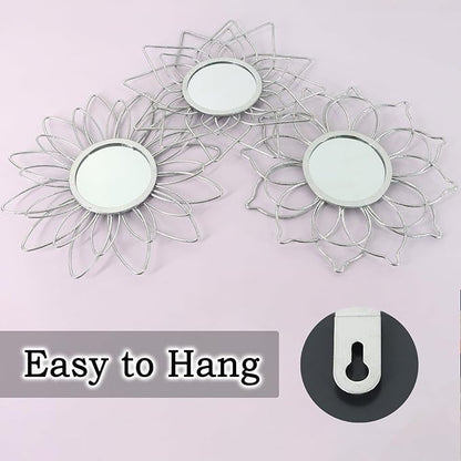 Silver Mirrors for Wall, 9 inch Metal Flower Mirrors Home Christmas Decoration, Christmas Wall Art Decorative Mirror Small Mirror for Living Room Bedroom, Entrance Set of 3