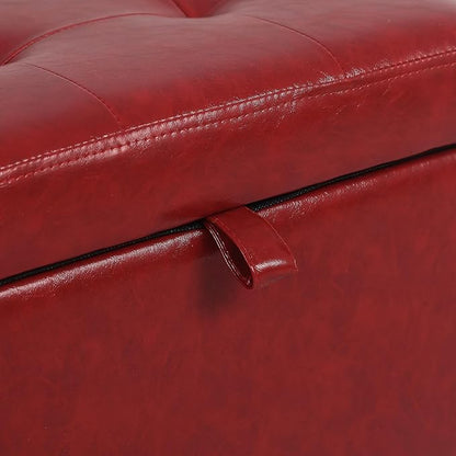 Adeco Faux Leather Storage Ottoman with Hinged Lid, 14 Inch High Red Square Cube Foot Stool with Storage, Upholstered Vanity Stool with Solid Wood Legs for Living Room, Bedroom, Dorm
