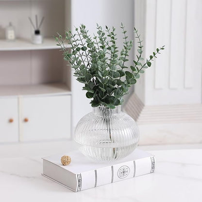 Ribbed Glass Vases, Set of 2 Fluted Vases for Flowers, Clear Glass Vase for Tulips, Modern Vase for Living Room, Kitchen, Office, Entryway, Mantle, Bookshelf, Wedding Gifts, Birthday