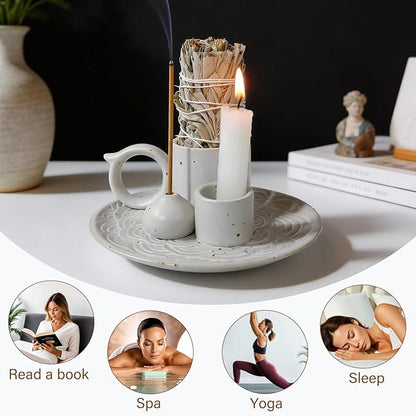 4-in-1 White Ceramic Palo Santo Burner & Holder - Versatile Candle and Smudge Tray for Incense Sticks, Cones, and Sage - Ideal Zen Meditation Altar Accessory for Enhanced Aromatic Experience