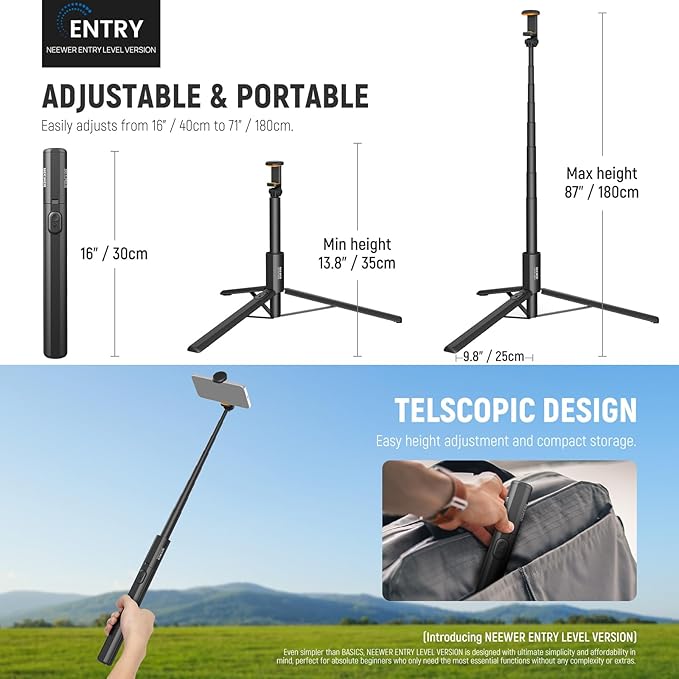 NEEWER Entry Level Version 16-71" Selfie Stick Tripod Compatible with iPhone Android, Portable Cell Phone Travel Stand Camera Holder with Remote for TikTok Video Recording Streaming Filming, PA988