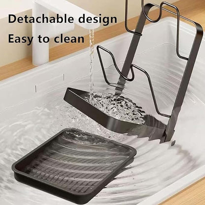 Kitchen Pot Lid Storage Rack, Kitchen Pot Lid Holder While Cooking, Multifunctional kitchen Pan Cover Organizer with Drip Tray, 304 Stainless Steel Pots Lids Rack for Countertop (White-2 Layer)