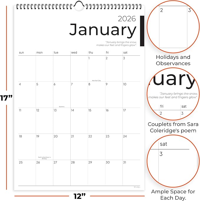 2026 Calendar, 12 Months, January to December, 17" x 12", Large Wall Calendar 2026 with Hanger, Calendar 2026 for Wall, 2026 Calendar Planner, Thick Paper, Spiral Binding, Sleek Business Design.