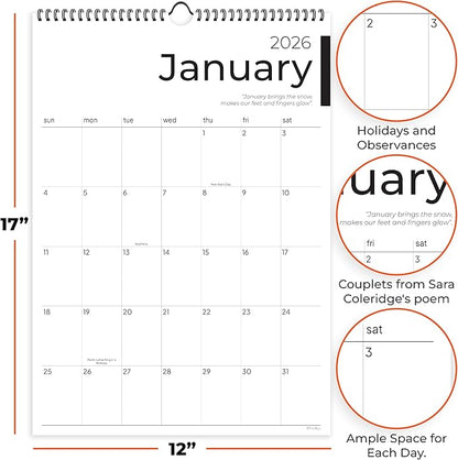 2026 Calendar, 12 Months, January to December, 17" x 12", Large Wall Calendar 2026 with Hanger, Calendar 2026 for Wall, 2026 Calendar Planner, Thick Paper, Spiral Binding, Sleek Business Design.