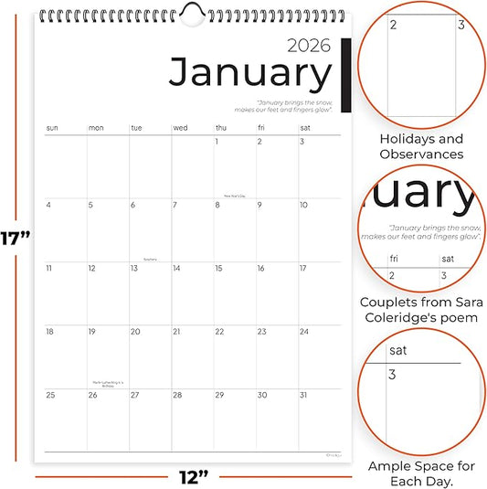 2026 Calendar, 12 Months, January to December, 17" x 12", Large Wall Calendar 2026 with Hanger, Calendar 2026 for Wall, 2026 Calendar Planner, Thick Paper, Spiral Binding, Sleek Business Design.