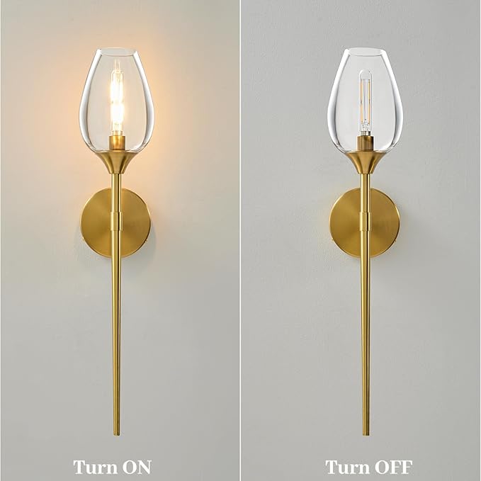 Gold Glass Wall Sconce Light: Modern Decorative Sconces Lights over Mirror - Vintage Brushed Brass Bathroom Vanity Lighting with Flower Shade - Indoor Glass Wall Mount Lamp for Bedroom Living Room