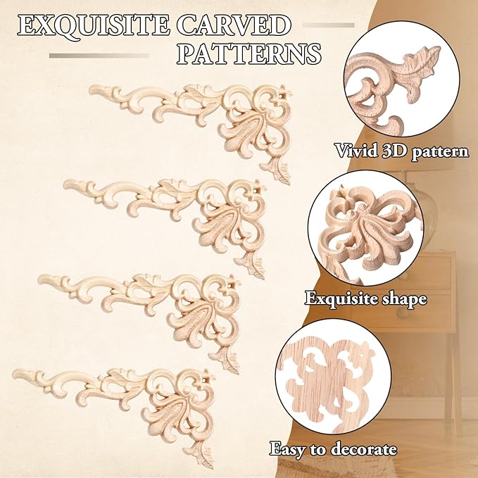 20 Pcs Wood Applique Corner Onlay Decorative Wood Applique DIY Wooden Carved Corner Unpainted Wooden Carved Decals Carving Decal for Furniture Wall Cupboard Bed Cabinet(Cute Style)