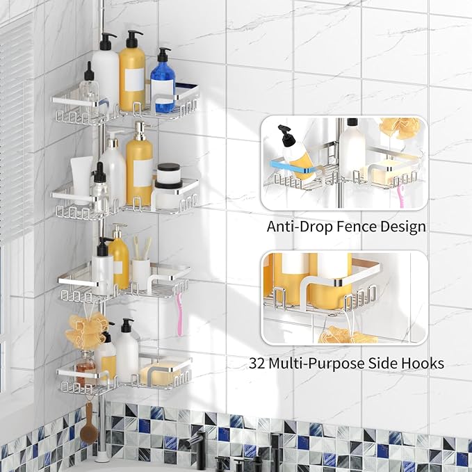 KEGII Adjustable Shower Caddy Corner Tension Pole, Rustproof Shower Rod Organizer with Hooks, Floor to Ceiling Tension Rod 25-114.2 Inch, Bathtub Storage Organizer for Shampoo, 4-Tier Silver