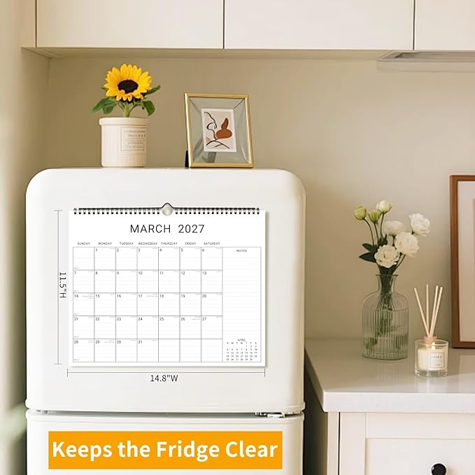 2026 Wall Calendar, 12 Month 14.8”x11.5” Year Monthly Organizer from January 2026-2027 Horizontal Blank Simple Spiral Bound Wire Hanging Calendar w/ Lines for Family, Home, Kitchen, Office White1