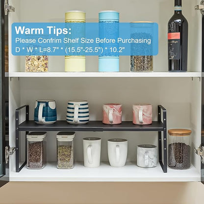 15.5 to 25.5 Inch Kitchen Cabinet Shelf Organizers, Adjustable Kitchen Counter Shelf Organizer, Set of 4 Expandable Countertop Storage Shelves, Stackable Design, 30LBS Heavy Duty, Space Saver