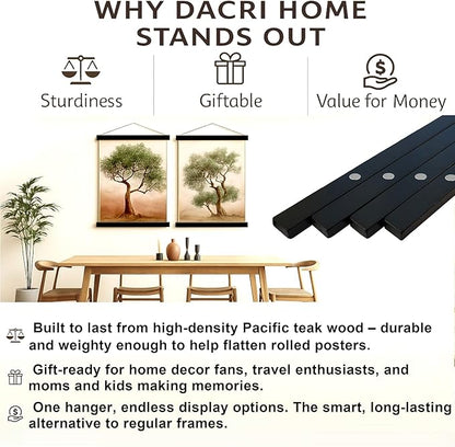 DACRI HOME 54" Magnetic Poster Hanger Frame - Sturdy Teak Wood Poster Frame 54x30 54x36 54x38, Strong Magnets for Easy Hanging Map Picture Canvas Print Scroll Wall Art (54 Inch, Black)