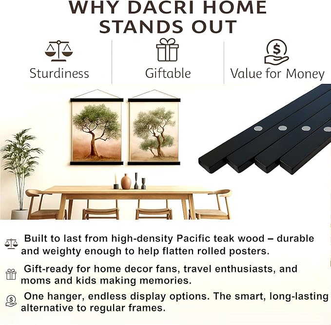 DACRI HOME 48" Sturdy Magnetic Poster Hanger Frame - Teak Wood Poster Frame 48x36 48x24 48x32, Strong Magnets for Easy Hanging Map Picture Canvas Print Scroll Wall Art (48 Inch, Black)