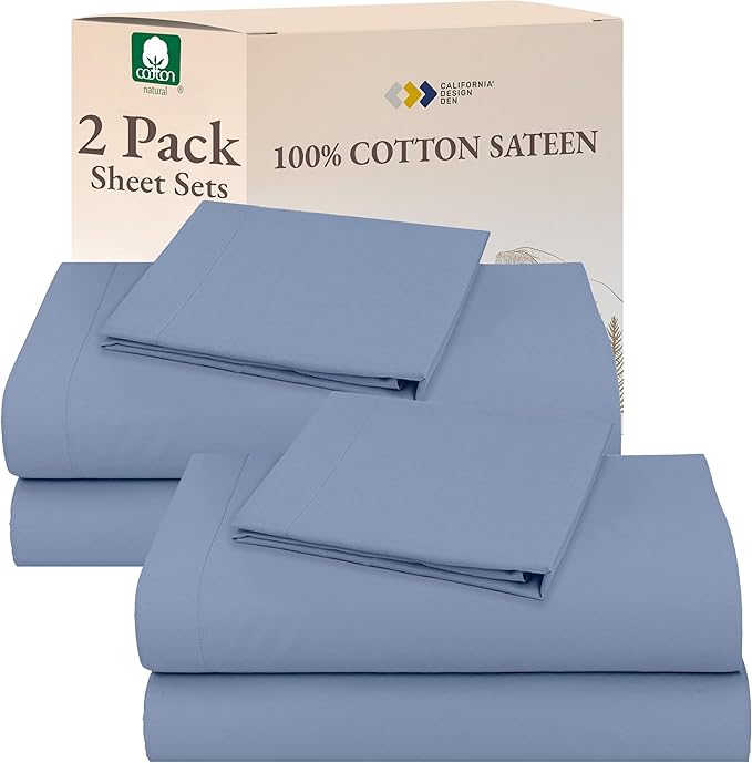 California Design Den 100% Cotton 2-Pack Twin Size Bed Sheets, Soft & Durable Twin Sheet Sets Cotton with Deep Pockets, Twin Sheet Set with Sateen Sheets (Blue Hydrangea)