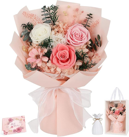 Flowers for Delivery Preserved Flowers with Vase That Last 3-5 Years Real Forever Flowers Pink Rose Bouquet for Mom Birthday Thanksgiving Christmas Gift for Women Grandma Wife Friends Her