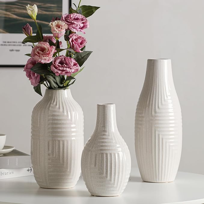 hjn Hand-Glazed White Ceramic Vase - 13.8" H Modern Decorative Centerpiece Vase for Fresh/Dried Flowers, Home Decor for Living Room Bookshelf Mantel | Wedding Housewarming Gift