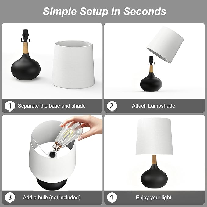 14" Ceramic Table Lamp Set of 2 with Natural Wood Stem & Linen Shade for Bedroom Decor,Modern Farmhouse Small Bedside Lamp for Nightstand, Living Room & Office (Black)