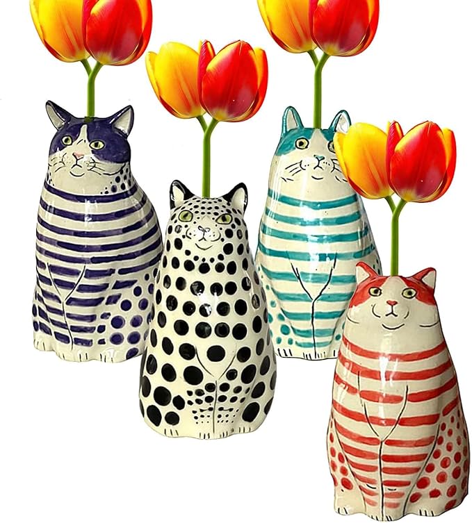 Adorable Polka Dot Cat Flower Vase Bud - A Unique Handmade Piece Perfect for Cat Lovers - Functional and Whimsical Decor for Home and Office