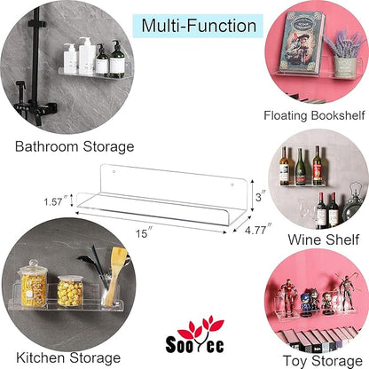 Sooyee Acrylic Shelves,6 Pack 15 Inch Floating Wall Shelves, Funko Pop Display Shelf,Invisible Kids Book Shelf,Picture Ledge Shelf Decor, Plastic,Clear