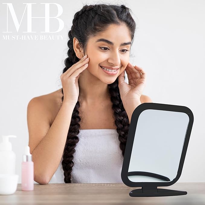 EXPRESSIONS Premium Soft Touch Rotating Mirror 1x 2X Magnification - Rectangle Black Vanity Handheld Tabletop Makeup Small Desk Travel