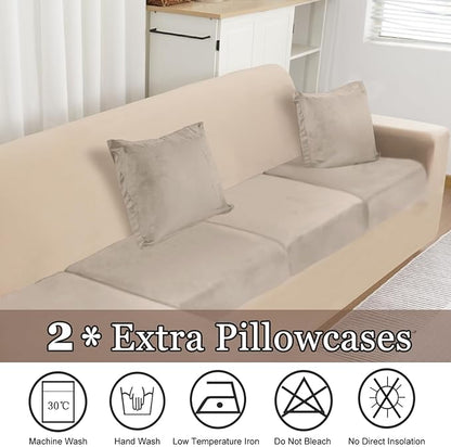 NAISI Sectional Couch Covers 6 Pieces Velvet Couch Cushion Covers L Shape Soft Stretch Sofa Slipcovers with 2pcs Pillowcases for Left/Right Chaise Sectional Couch(2 Seater+1 Chaise+3 Back,Taupe)