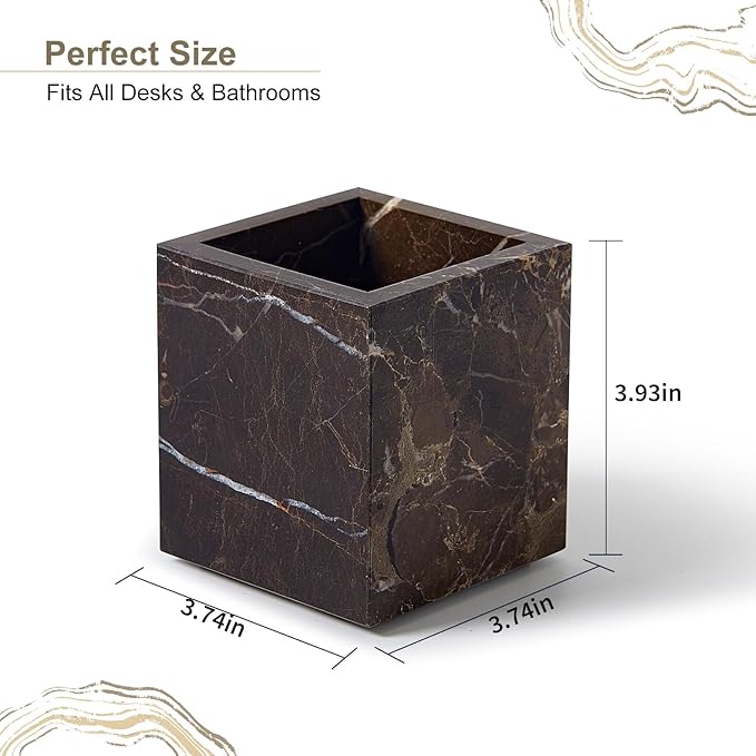Real Natural Travertine Marble Toothbrush Holder & Pen Holder & Makeup Brush Holder & Utensil Holder, Genuine Stone Rectangular Bathroom Tumbler Cup, Durable Office & Home Countertop Organizer