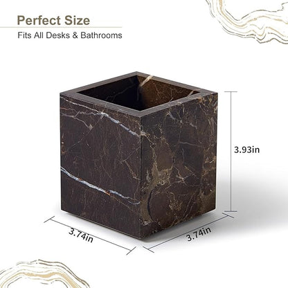 Real Natural Travertine Marble Toothbrush Holder & Pen Holder & Makeup Brush Holder & Utensil Holder, Genuine Stone Rectangular Bathroom Tumbler Cup, Durable Office & Home Countertop Organizer
