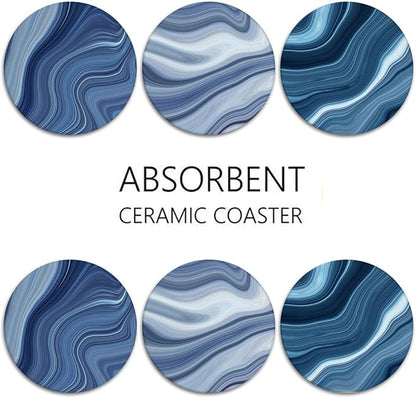 Britimes Coaster for Drinks Set of 6, Vintage Retro Colorful Blue Marble Absorbent Round Ceramic Stone Mat, with Cork Base and Metal Holder, Gift for Housewarming Room Bar Decor