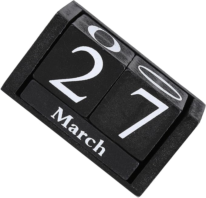 Perpetual Wooden Block Calendar, Desktop Vintage Style Mini Month Date Time Display, Home Office Decoration with 2pcs Dices, Blue, Black Wood with 12 Month Blocks (Black)