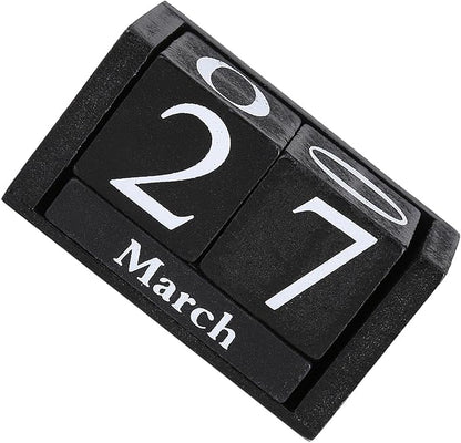 Perpetual Wooden Block Calendar, Desktop Vintage Style Mini Month Date Time Display, Home Office Decoration with 2pcs Dices, Blue, Black Wood with 12 Month Blocks (Black)