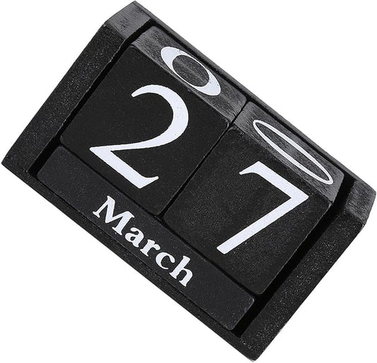 Perpetual Wooden Block Calendar, Desktop Vintage Style Mini Month Date Time Display, Home Office Decoration with 2pcs Dices, Blue, Black Wood with 12 Month Blocks (Black)