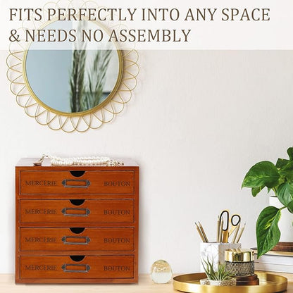 Wesiti 4 Drawer Apothecary Cabinet - Vintage Wooden Desk Organizer - Library Card Catalog Wood Storage Box - Office Desktop Dresser for Stationery, Thread Embroidery, Sewing, Crafts, Junk & Supplies