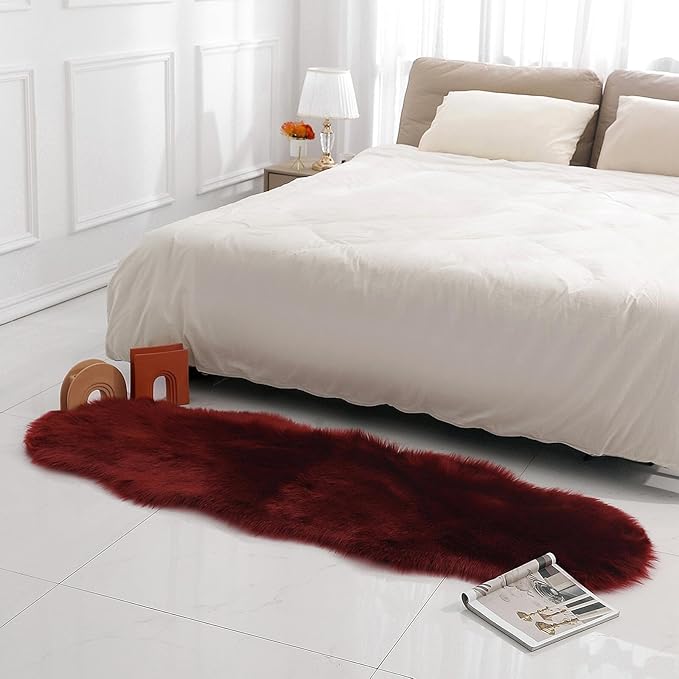 Faux Fur Rug Sheepskin Shag Fluffy Fuzzy Red 2x6 ft Runner Rugs for Bedroom Bedside Bed Floor Living Room Plush High-Density Cushion Carpet Super Sofa Cover