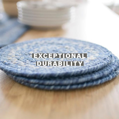 Homespice Denim Jute Woven Round Placemats Set of 6, 15", Country Coastal Decor, Blue Table Mats - Vibrant Colors, Durable, Easy to Clean and Protects Furniture