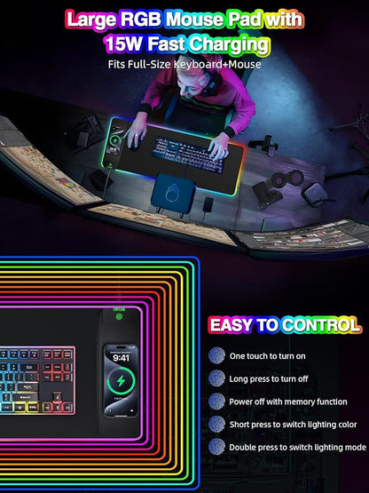 Wireless Charging Mouse Pad, 31.5"x11.81" XL Gaming Mousepad with 11 RGB Colors & 5 Lighting Modes, Home Office Large Desk Pad, Ultra-Smooth Surface, Non-Slip, Waterproof Keyboard Pad Black Desk Mat