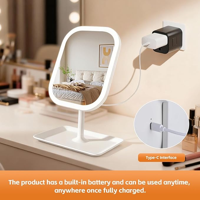 Rechargeable 2400mAh Makeup Mirror,360-degree rotatable Tabletop Vanity Mirrors with Lights，High-Definition led led Vanity Mirrors，Compact Mirror with Light for Women Gifts