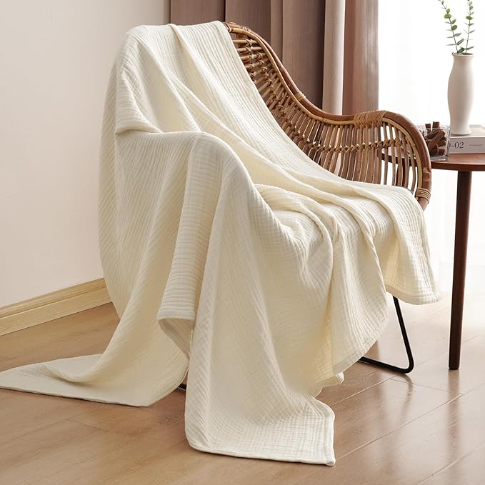 PHF 100% Cotton Muslin Throw Blanket 50" x 60", 4-Layer Lightweight Gauze Throw, Breathable Cloud-Soft Minimalist Blanket for Bed, Couch, Camping & Baby, Birch, Ideal Gift