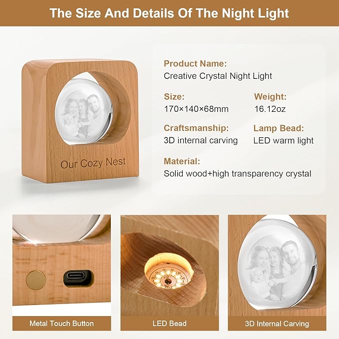 Custom 3D Crystal Photo Night Light Personalized Photo Crystal Ball Engraved Picture Lamp with Wood Base Memorial Gift for Pets Family Couple Birthday Valentine's Day (Style 2)