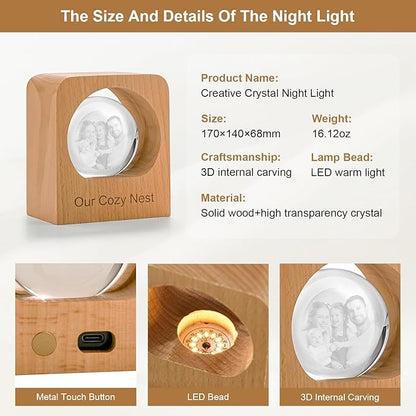 Custom 3D Crystal Photo Night Light Personalized Photo Crystal Ball Engraved Picture Lamp with Wood Base Memorial Gift for Pets Family Couple Birthday Valentine's Day (Style 2)
