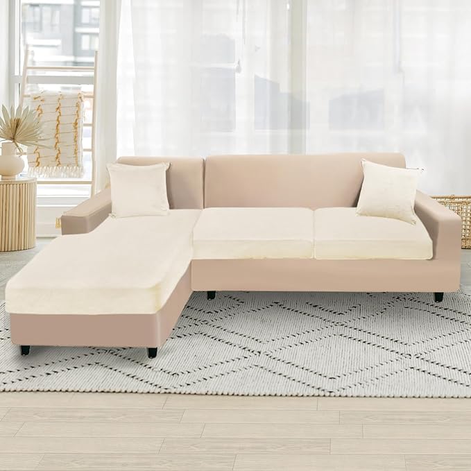 NAISI Sectional Couch Cover 3 Pieces Velvet Separate Couch Cushion Covers L Shape Soft Stretch Sofa Slipcovers with 2pcs Pillowcases for Left/Right Chaise Sectional Couch(2 Seater+1 Chaise,Cream)